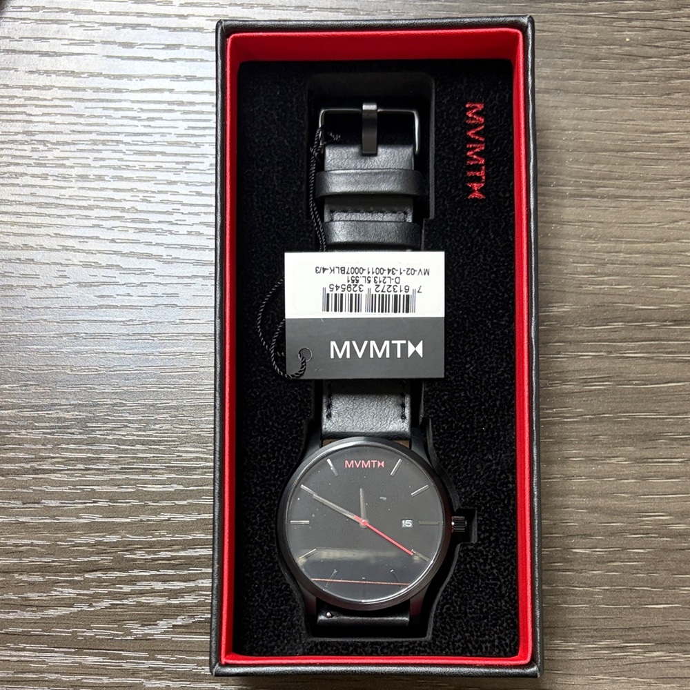 MVMT Black Watch with Red Accents and Black Leather Strap